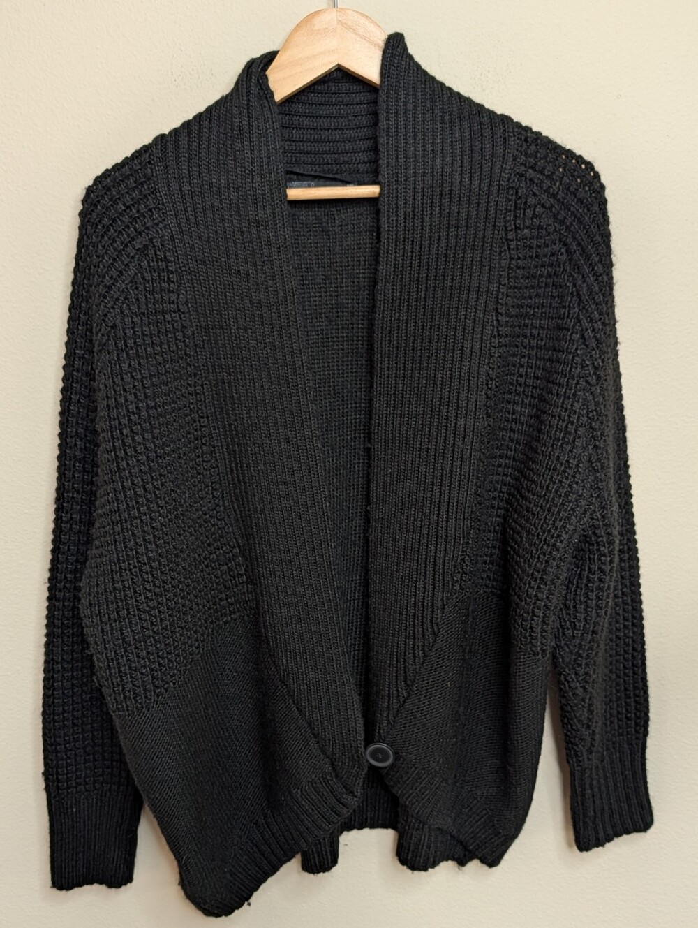 PrAna Wool Alpaca Blend Black Chunky Knit Cardigan Shawl Collar Size XL